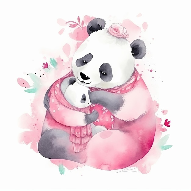 Simpatico panda acquerello con mamma Illustrazione AI GenerativexA