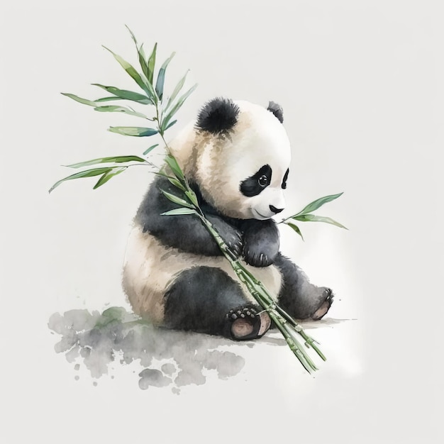 simpatico panda bambino che mangia bambù, pittura ad acquerello, sfondo bianco