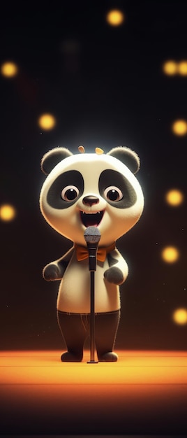 Simpatico panda cartone animato con occhi molto grandi che canta sul palco Un grande palco con un riflettore che brilla Un personaggio solista IA generativa