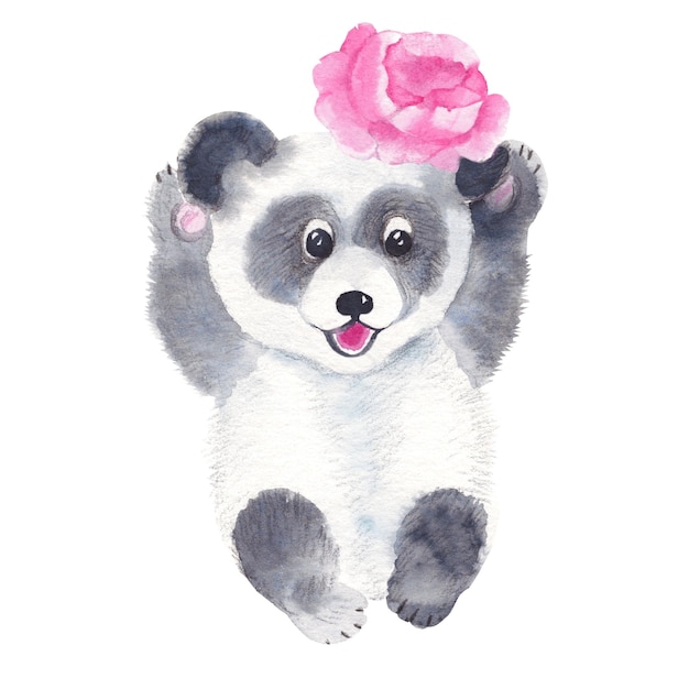 Simpatico panda con peonia isolato su sfondo bianco acquerello disegnato a mano illustrazione perfetta per