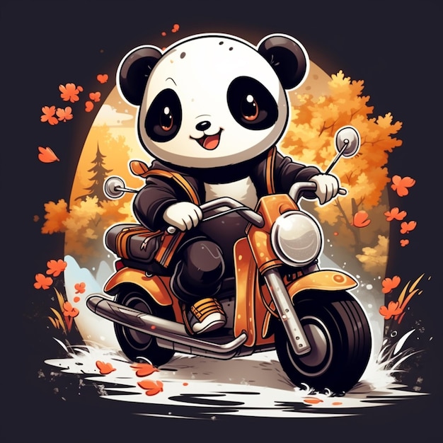 simpatico panda in sella a una motocicletta dal design cartoon