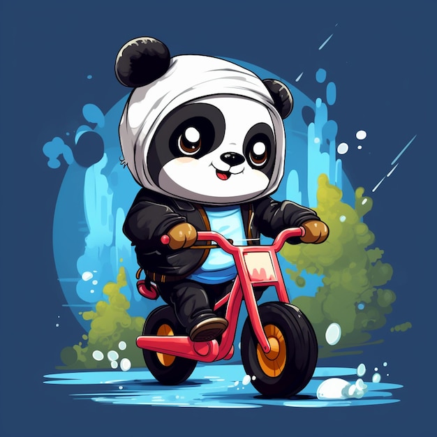 simpatico panda in sella a una motocicletta dal design cartoon