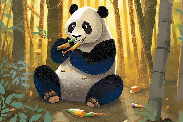 Simpatico panda in stile cartone animato nella foresta di bambù