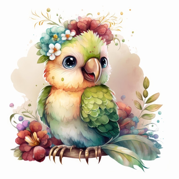 Simpatico pappagallo colorato con fiori su sfondo bianco IA generativa