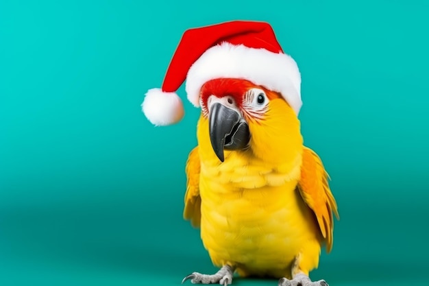 Simpatico pappagallo festivo che indossa un cappello da Babbo Natale