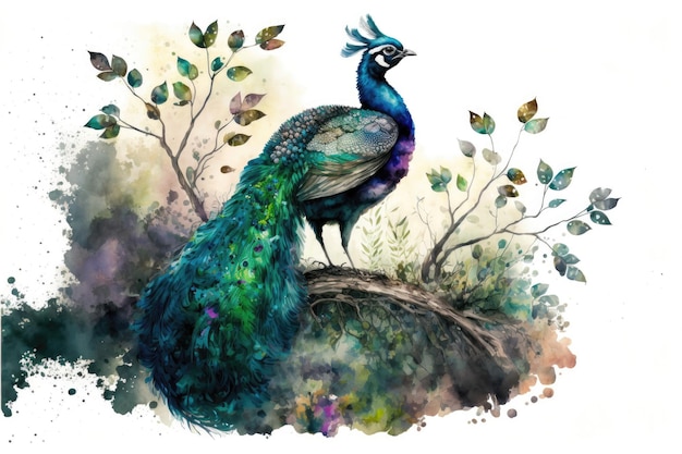 Simpatico pavone che spande le ali nella foresta Pittura acquerello di simpatici animali uccelli