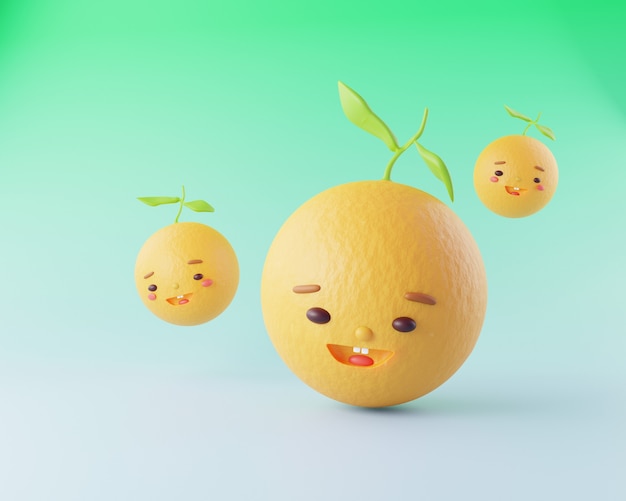 Simpatico personaggio dei cartoni animati arancione frutta con viso e sorriso 3d rendering illustrazione