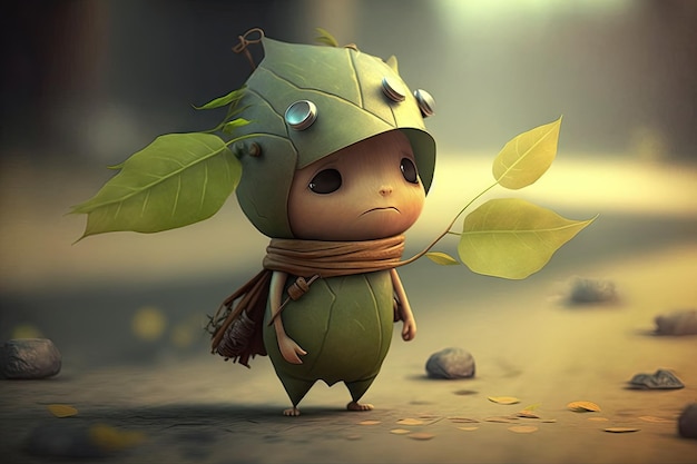 Simpatico personaggio dei cartoni animati con foglia sulla testa e ramoscello in mano che si gode una tranquilla passeggiata