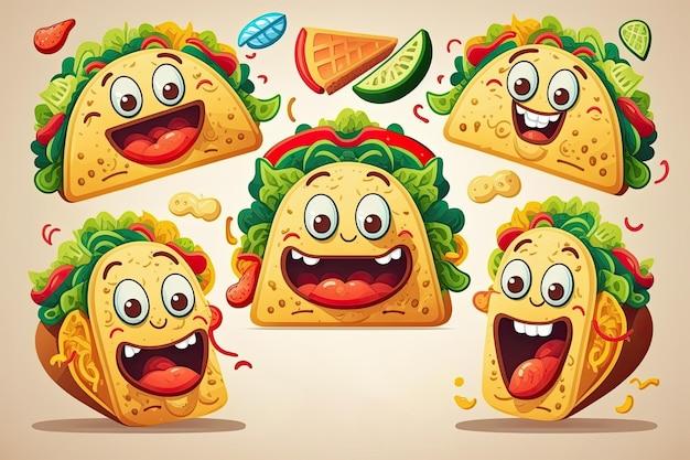 Simpatico personaggio dei cartoni animati di tacos divertenti sorridenti