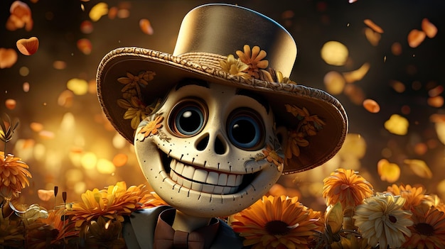 Simpatico personaggio dei cartoni animati sorridente del giorno dei morti Dia de Muertos