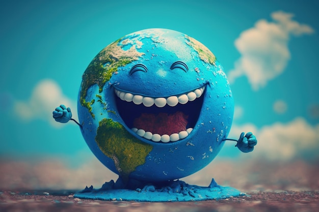 Simpatico personaggio della terra che ride sullo sfondo del cielo blu Giornata della Terra Giornata mondiale della risata AI generativa