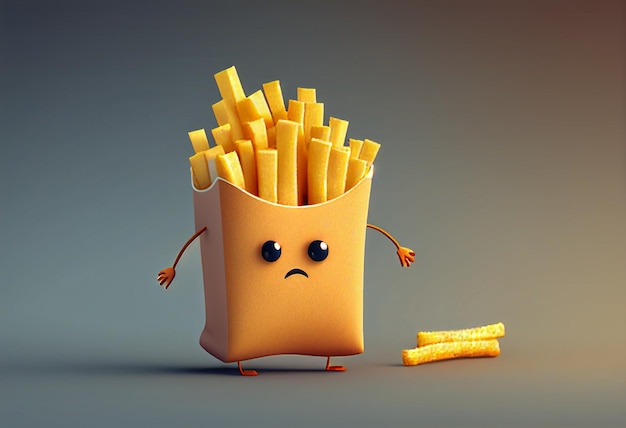 Simpatico personaggio di patatine fritte fast food con faccia triste 3d illustrazione generativa ai