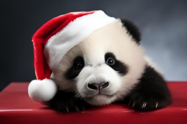 Simpatico piccolo panda festivo che indossa un cappello da Babbo Natale