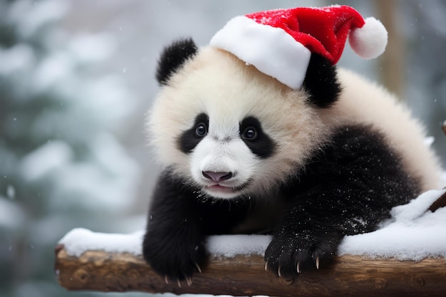 Simpatico piccolo panda festivo che indossa un cappello da Babbo Natale