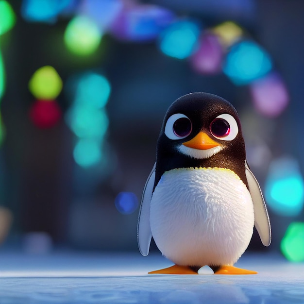 Simpatico pinguino con grandi occhi e luci di Natale rendering 3D in stile cartone animato