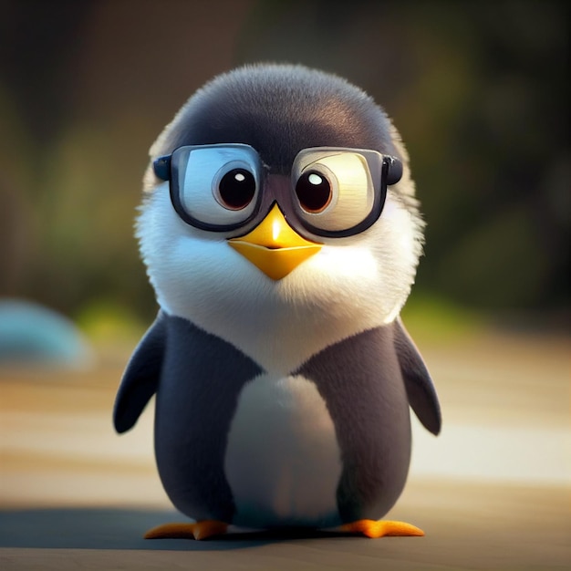 Simpatico pinguino con occhiali e occhi grandi rendering 3D in stile cartone animato