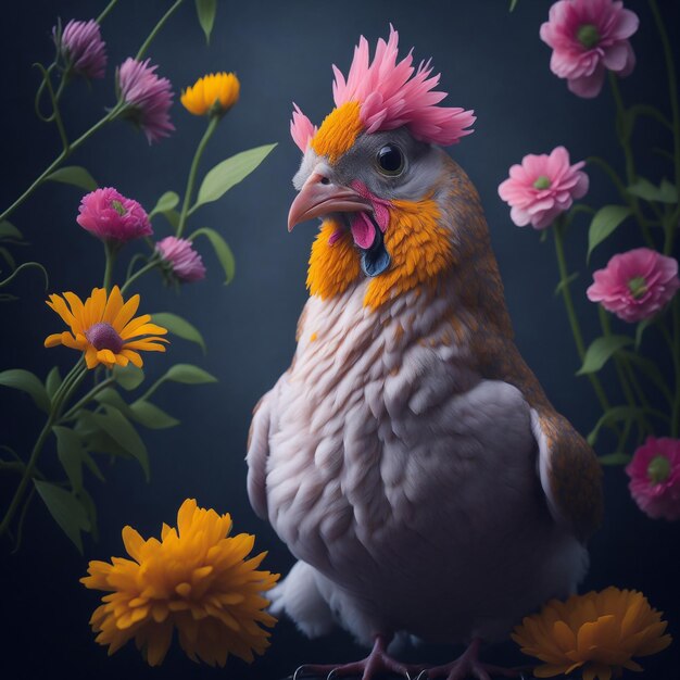 Simpatico pollo con fiori colorati creato con la tecnologia Generative AI