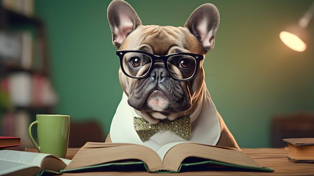 Simpatico professore di bulldog francese che indossa occhiali con una pila di libri Immagine generata dall'intelligenza artificiale