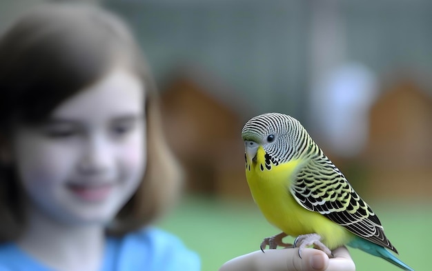 Simpatico pulcino budgie sulla mano della bambina Concetto di uccelli da compagnia