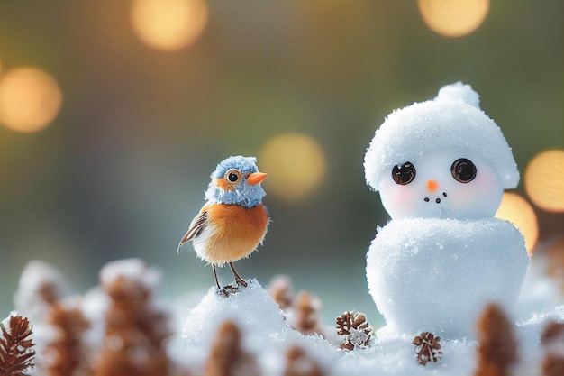 Simpatico pupazzo di neve in piedi sul campo nevoso in inverno Cartolina d'auguri di Natale e felice anno nuovo