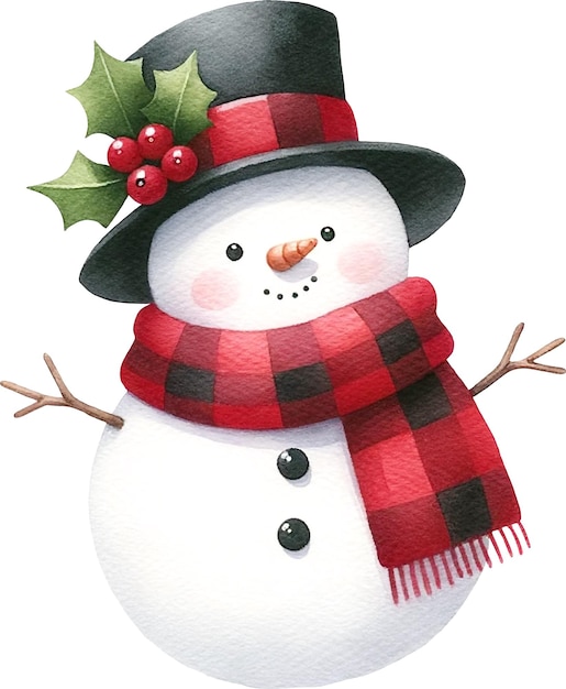 Simpatico pupazzo di neve stravagante sciarpa a scacchi rossa cappello a cilindro acquerello isolato su bianco