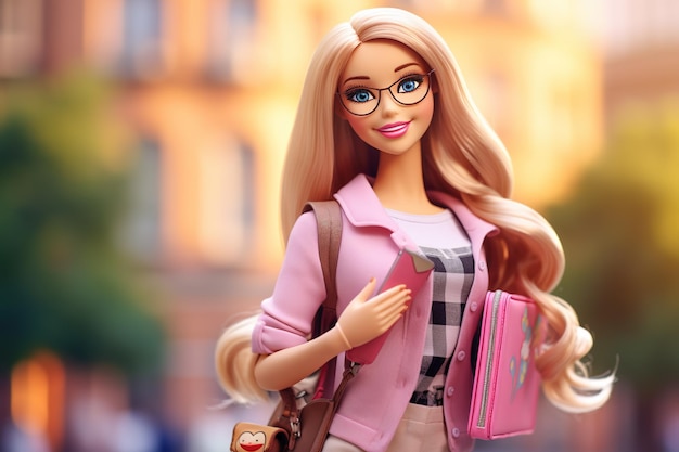 Simpatico ritratto della bambola di plastica Barbie che va a scuola