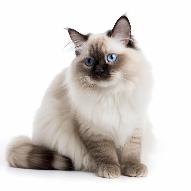 Simpatico ritratto di gatto di razza Ragdoll isolato su bianco adorabili occhi azzurri per animali domestici