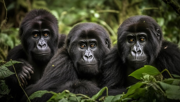 Simpatico ritratto di primate che fissa la fotocamera nella foresta pluviale tropicale generata dall'intelligenza artificiale