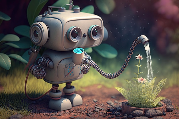Simpatico robot che innaffia il giardino con un tubo dell'acqua che si aggiunge alla sua carineria