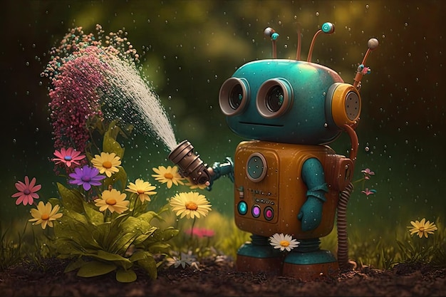 Simpatico robot che innaffia il giardino con una pistola ad acqua che aggiunge un tocco di colore