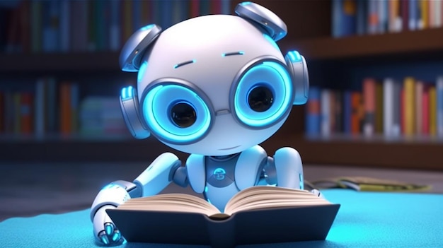 Simpatico robot che legge un libro concetto di vita scolastica progresso tecnologico AI generativa