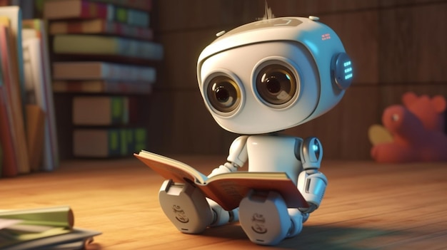 Simpatico robot che legge un libro concetto di vita scolastica progresso tecnologico AI generativa