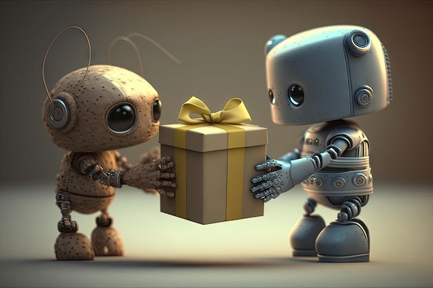 Simpatico robot che presenta una confezione regalo al suo amico con un fiocco in cima