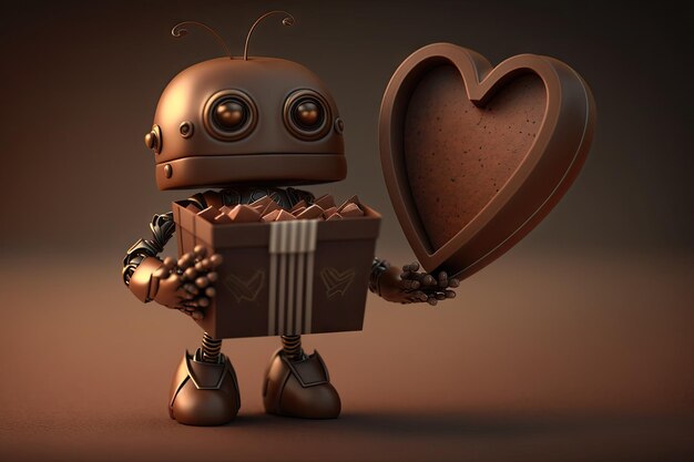 Simpatico robot che presenta una scatola di cioccolatini a forma di cuore in un'occasione speciale