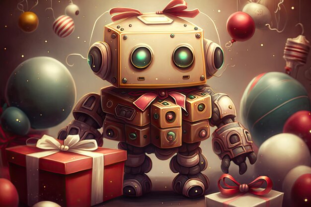 Simpatico robot con confezione regalo circondato da decorazioni festive create con l'IA generativa