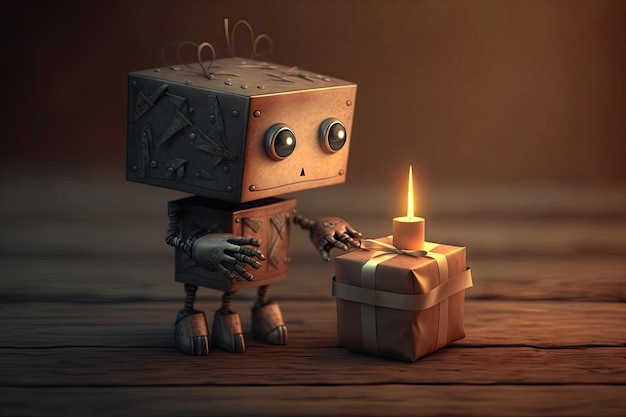 Simpatico robot con confezione regalo e candela su un tavolo di legno
