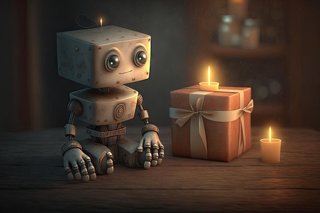 Simpatico robot con confezione regalo e candela su un tavolo di legno