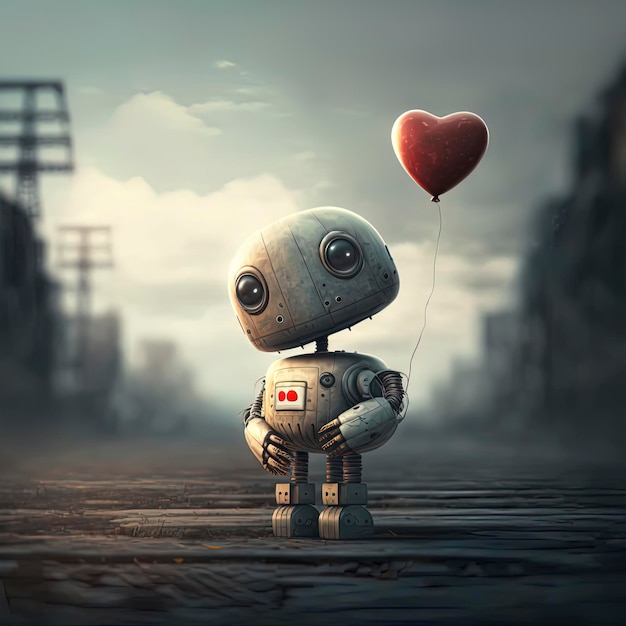 Simpatico robot con in mano un palloncino a forma di cuore