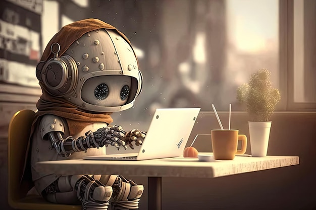 Simpatico robot con laptop che scrive una storia o fa musica al bar