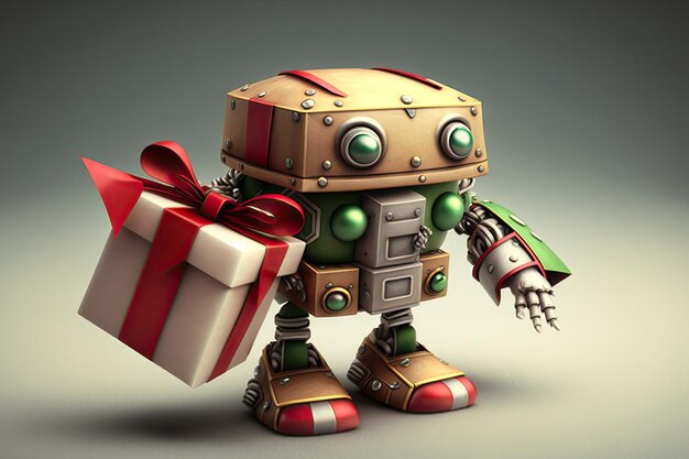 Simpatico robot in abbigliamento festivo con confezione regalo e nastro