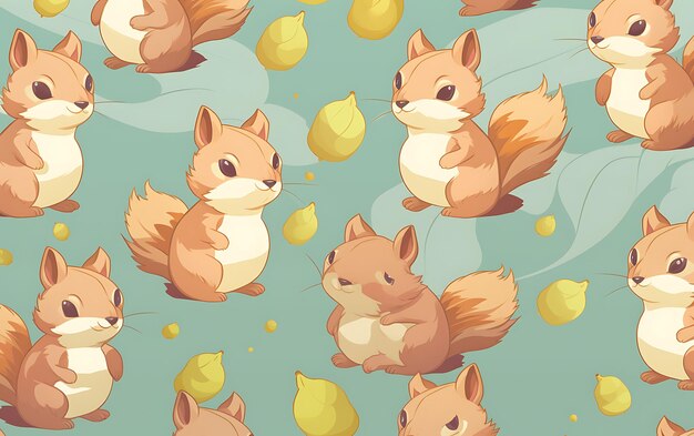 Simpatico scoiattolo giapponese ripetuto con motivi in stile arte anime con colori pastello