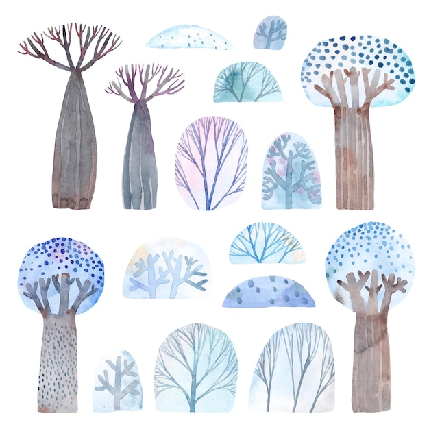 Simpatico set acquerello di cespugli di alberi decorativi Illustrazione per bambini in acquerello Capodanno e Natale elementi della natura per creare un paesaggio