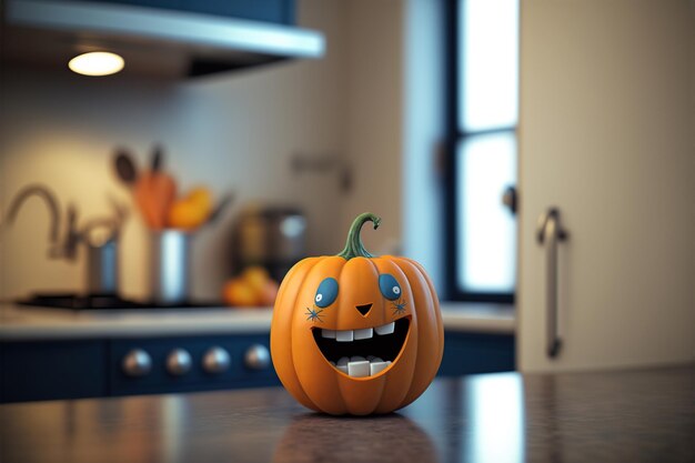 Simpatico sorriso dolce di zucca in cucina Stile di rendering 3D Illustrazione generata da AI