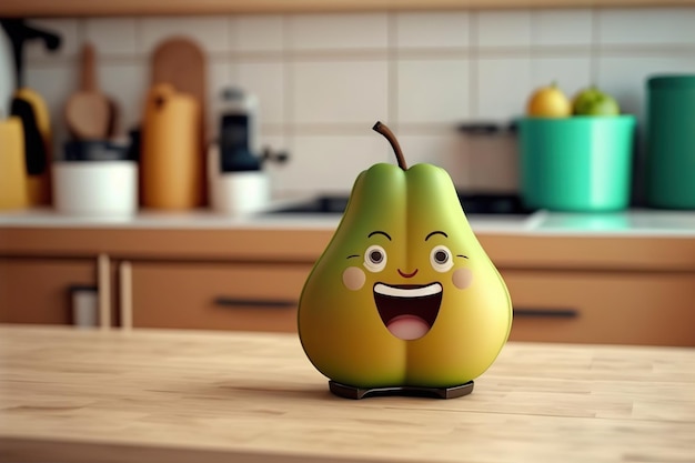 Simpatico sorriso dolce pera in cucina Stile di rendering 3D Illustrazione generata da AI