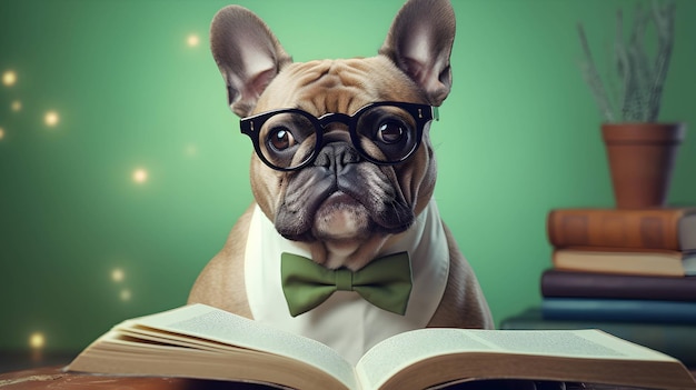 Simpatico studente di bulldog francese che indossa occhiali con una pila di libri Immagine generata dall'intelligenza artificiale
