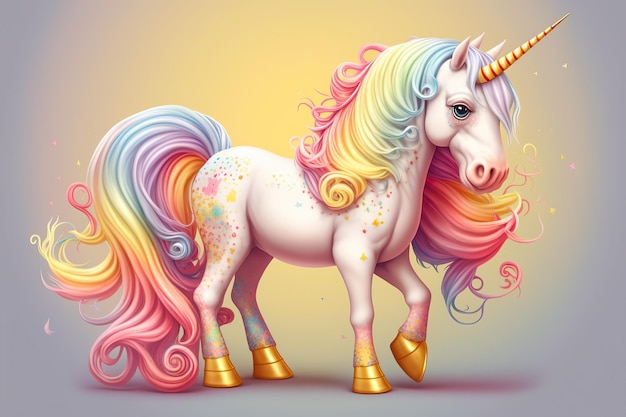 simpatico unicorno arcobaleno, capelli dai colori arcobaleno, unicorno magico fantasy, ai generativo