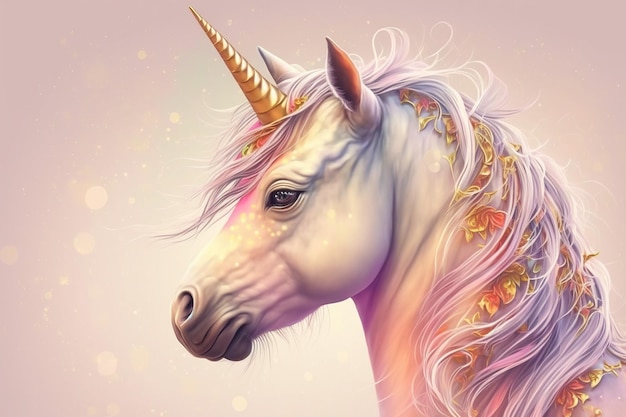 simpatico unicorno arcobaleno, capelli dai colori arcobaleno, unicorno magico fantasy, ai generativo