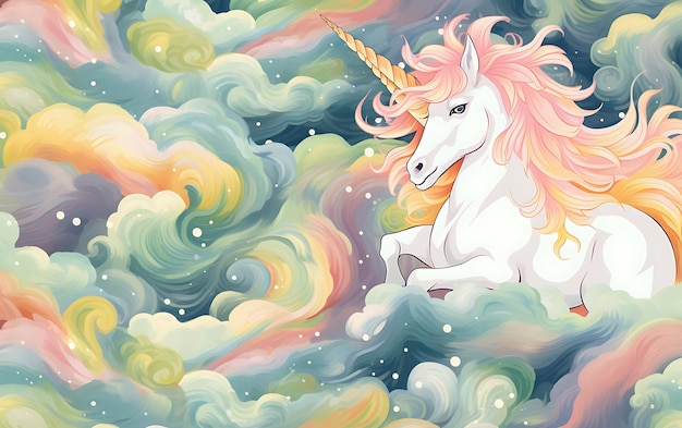 Simpatico unicorno giapponese con motivi ripetuti in stile anime art con colori pastello