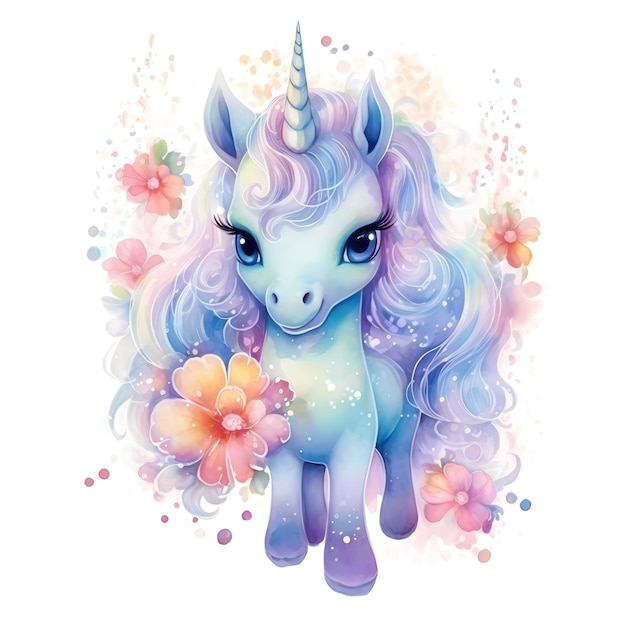 Simpatico unicorno magico colorato con fiori in stile acquerello