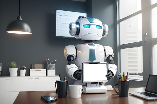 Simpatico uomo d'affari robot sta lavorando in ufficio Idea concettuale di un assistente aziendale bot